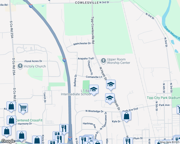 map of restaurants, bars, coffee shops, grocery stores, and more near 715 Cheyenne Place in Tipp City