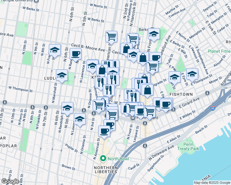 map of restaurants, bars, coffee shops, grocery stores, and more near 1342 North Palethorp Street in Philadelphia