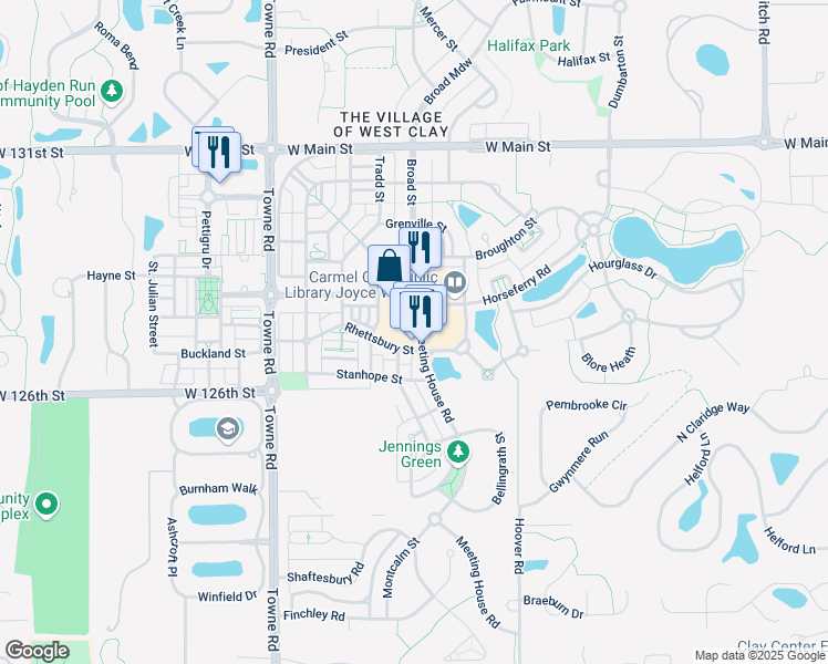map of restaurants, bars, coffee shops, grocery stores, and more near 12720 Meeting House Road in Carmel