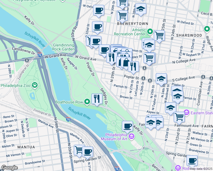 map of restaurants, bars, coffee shops, grocery stores, and more near 2919 Pennsylvania Avenue in Philadelphia