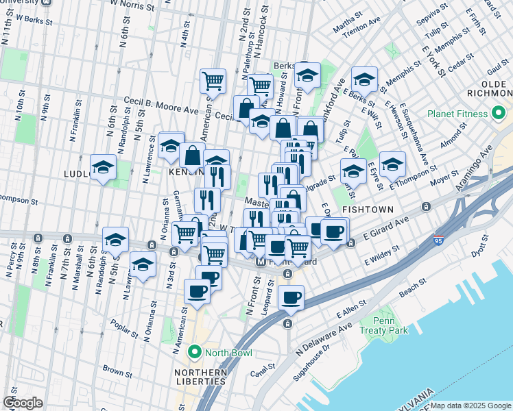 map of restaurants, bars, coffee shops, grocery stores, and more near 132 Master Street in Philadelphia