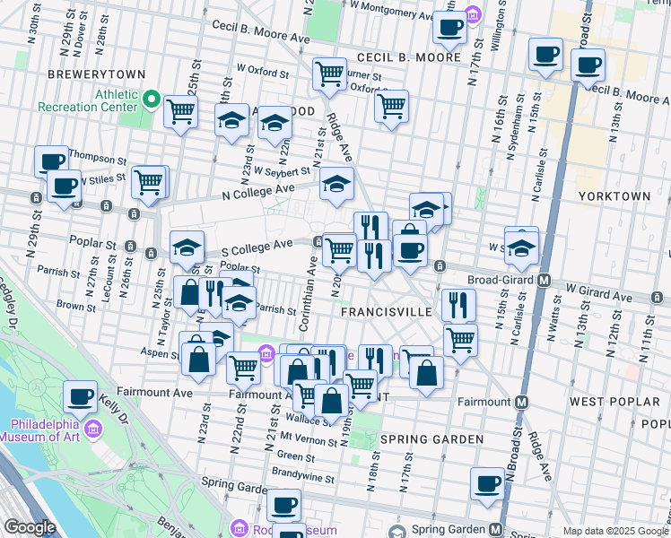 map of restaurants, bars, coffee shops, grocery stores, and more near 914 North 20th Street in Philadelphia