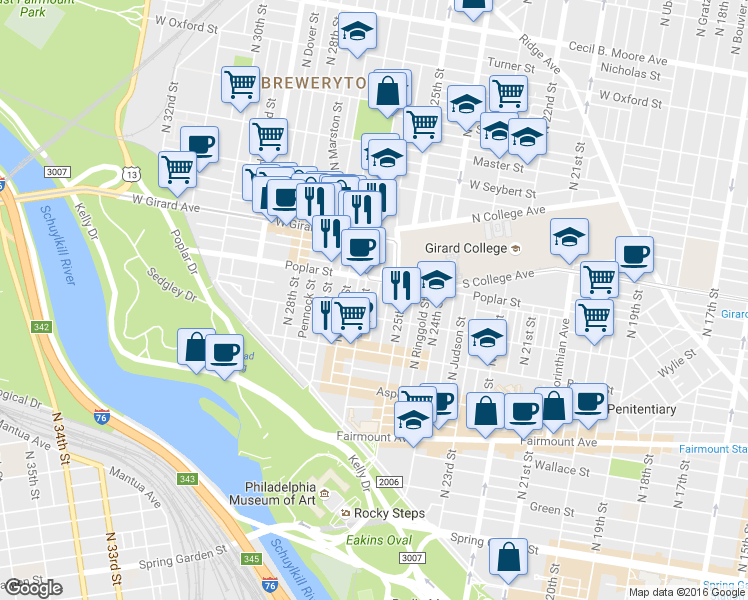 map of restaurants, bars, coffee shops, grocery stores, and more near 848 North Bambrey Street in Philadelphia