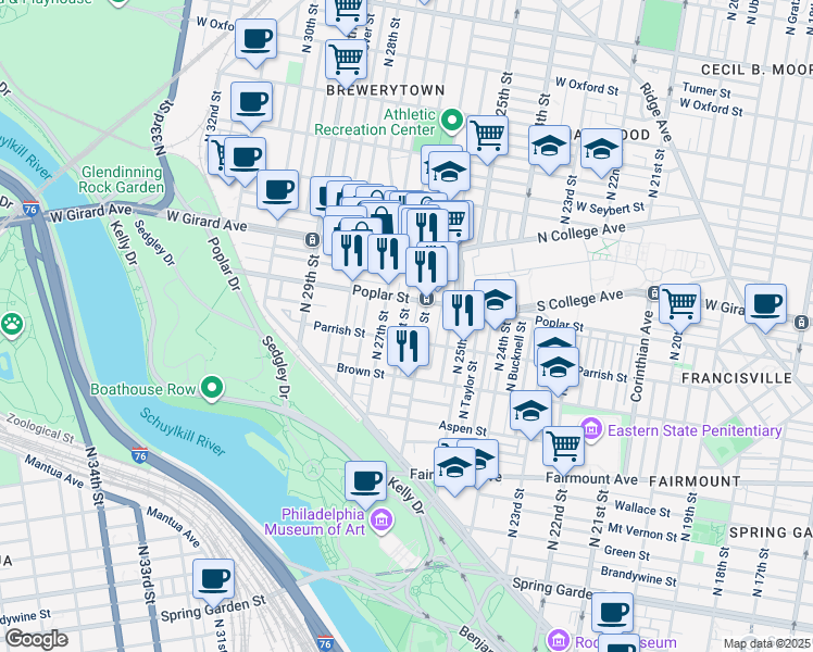 map of restaurants, bars, coffee shops, grocery stores, and more near 859 North Taney Street in Philadelphia