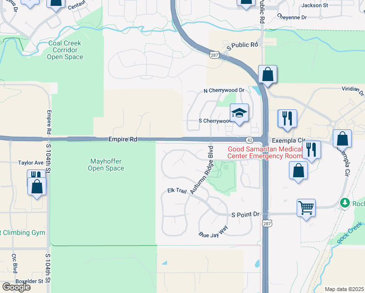 map of restaurants, bars, coffee shops, grocery stores, and more near 353 Whitetail Circle in Lafayette