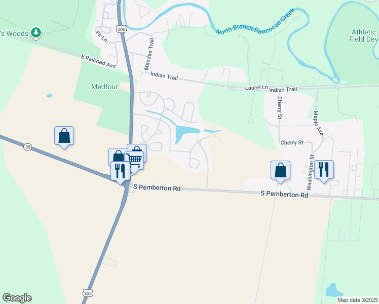 map of restaurants, bars, coffee shops, grocery stores, and more near 15 Winding Way in Southampton Township