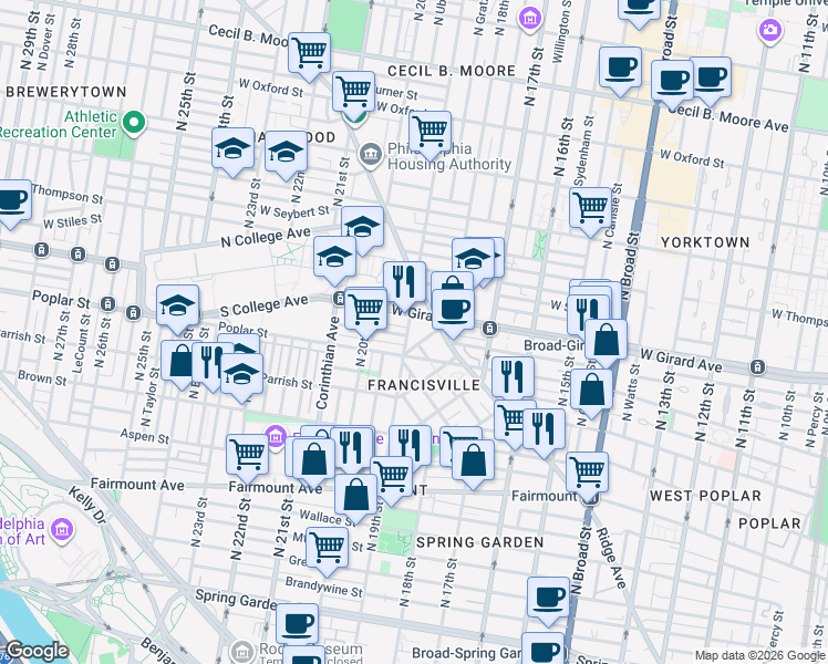 map of restaurants, bars, coffee shops, grocery stores, and more near in Philadelphia
