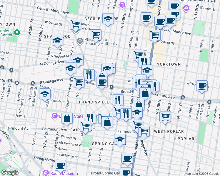 map of restaurants, bars, coffee shops, grocery stores, and more near in Philadelphia