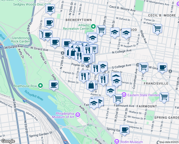 map of restaurants, bars, coffee shops, grocery stores, and more near 848 North Bambrey Street in Philadelphia
