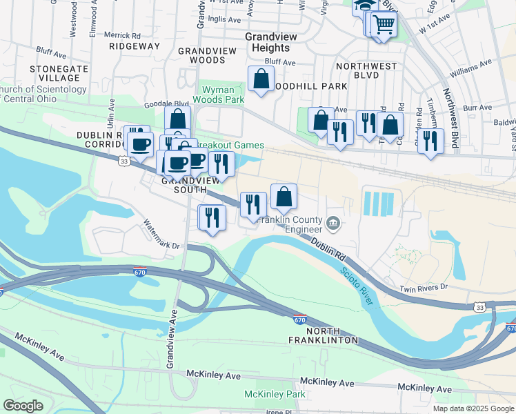 map of restaurants, bars, coffee shops, grocery stores, and more near 1034 Dublin Road in Columbus