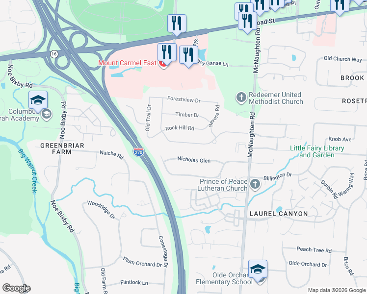 map of restaurants, bars, coffee shops, grocery stores, and more near 5927 Whitman Road in Columbus