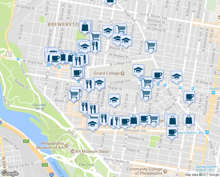 map of restaurants, bars, coffee shops, grocery stores, and more near 888 North 23rd Street in Philadelphia