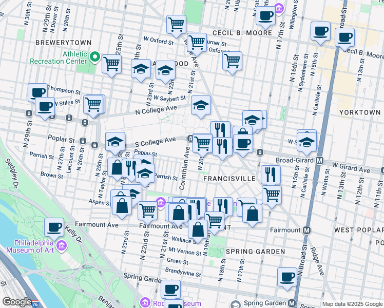 map of restaurants, bars, coffee shops, grocery stores, and more near 2016 Cambridge Street in Philadelphia