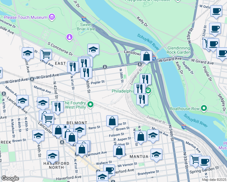 map of restaurants, bars, coffee shops, grocery stores, and more near 3836 Pennsgrove Street in Philadelphia