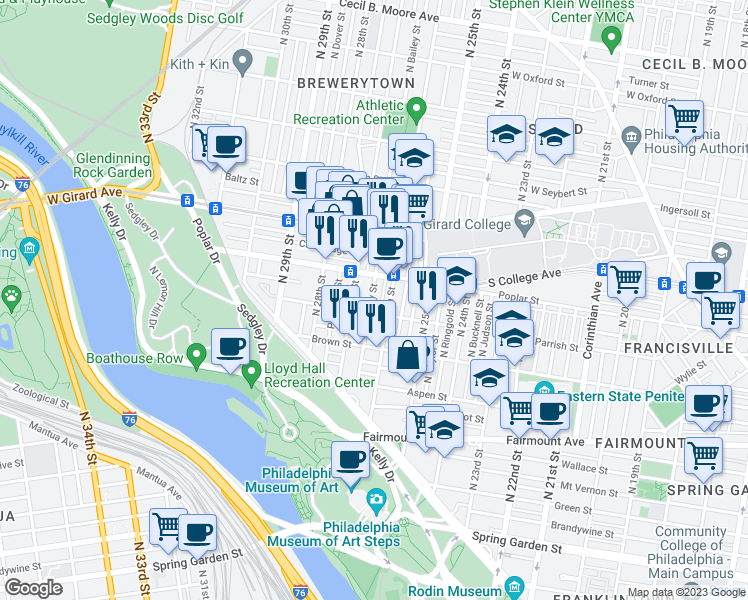 map of restaurants, bars, coffee shops, grocery stores, and more near 859 North Taney Street in Philadelphia