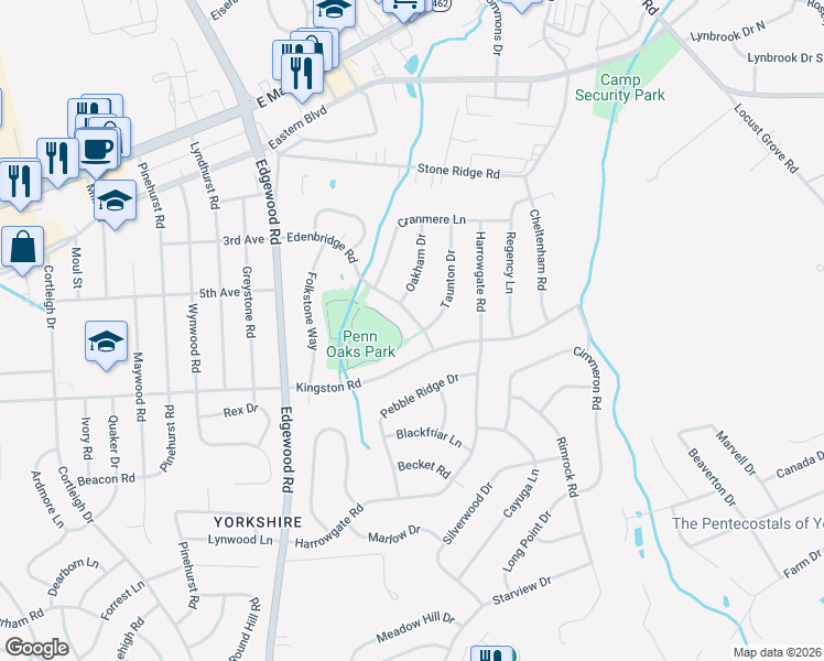 map of restaurants, bars, coffee shops, grocery stores, and more near 3480 Edenbridge Road in York