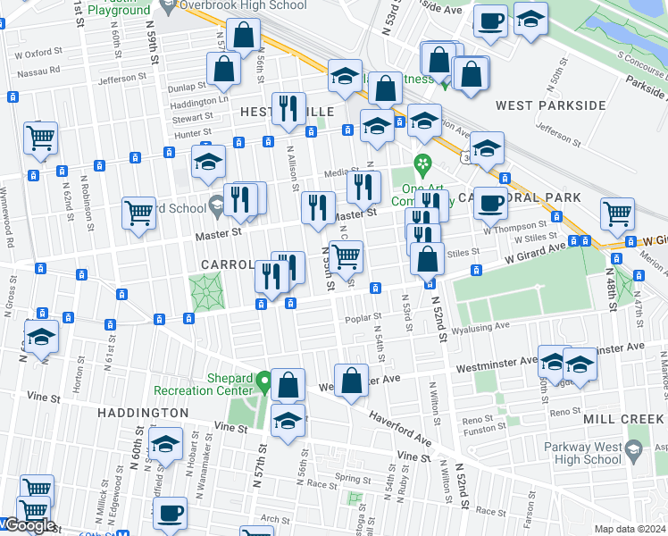 map of restaurants, bars, coffee shops, grocery stores, and more near 1243 North 55th Street in Philadelphia