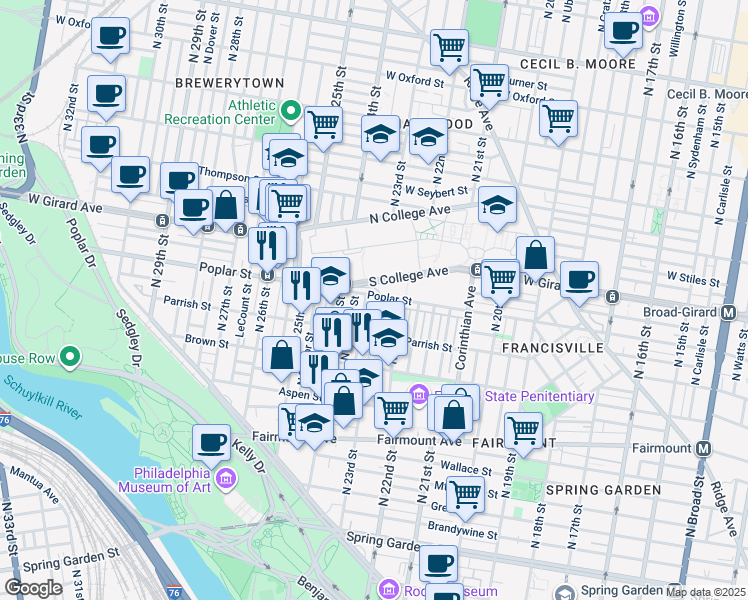 map of restaurants, bars, coffee shops, grocery stores, and more near 888 North 23rd Street in Philadelphia