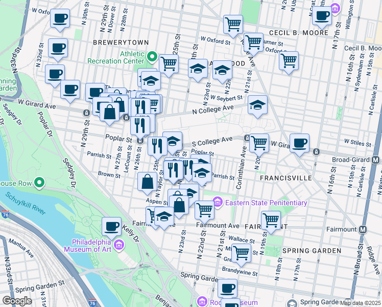 map of restaurants, bars, coffee shops, grocery stores, and more near 2314 Poplar Street in Philadelphia