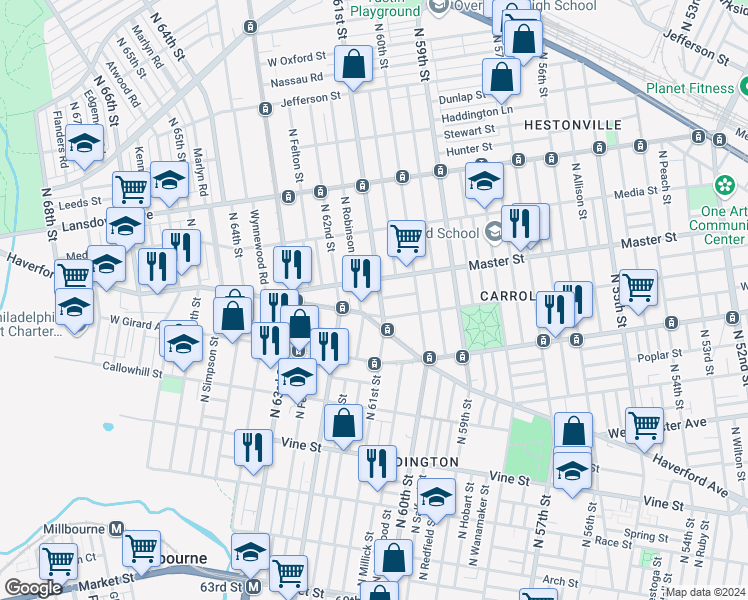 map of restaurants, bars, coffee shops, grocery stores, and more near 1306 North 61st Street in Philadelphia