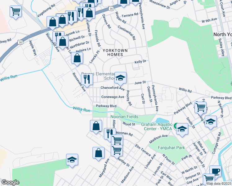 map of restaurants, bars, coffee shops, grocery stores, and more near 761 Atlantic Avenue in York