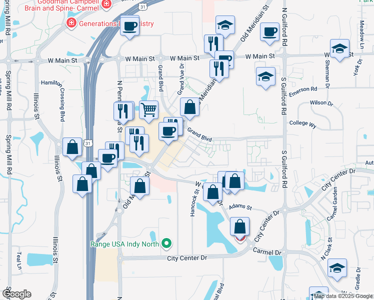 map of restaurants, bars, coffee shops, grocery stores, and more near 221 Providence Boulevard in Carmel