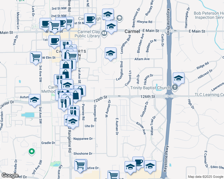 map of restaurants, bars, coffee shops, grocery stores, and more near 610 Lexington Blvd in Carmel