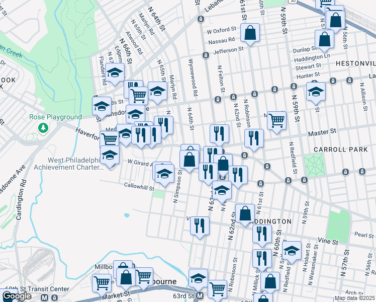 map of restaurants, bars, coffee shops, grocery stores, and more near 6416 Haverford Avenue in Philadelphia