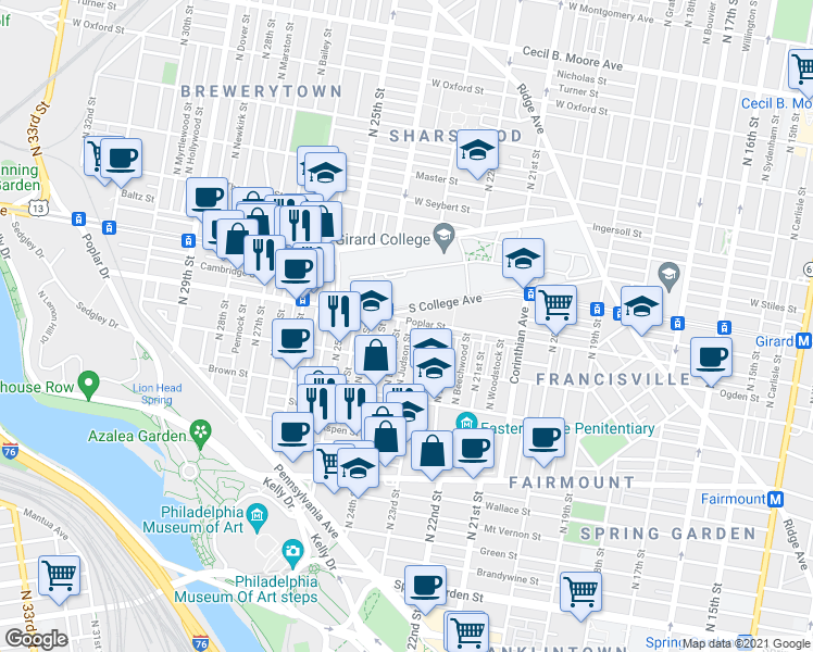 map of restaurants, bars, coffee shops, grocery stores, and more near 2316 Poplar Street in Philadelphia