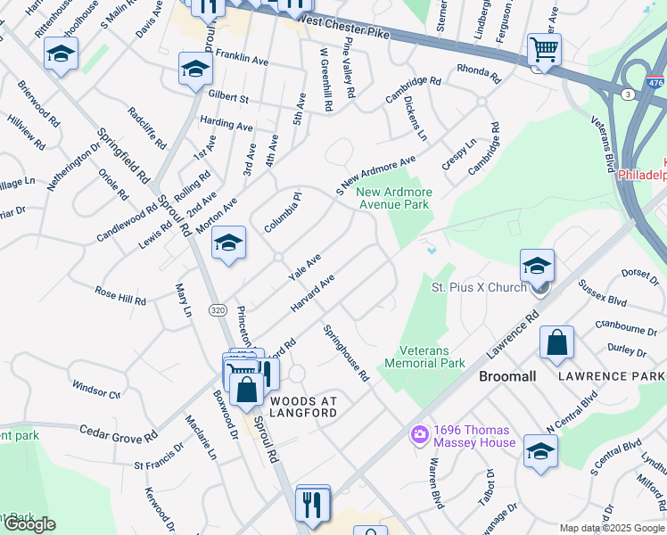 map of restaurants, bars, coffee shops, grocery stores, and more near 314 Harvard Avenue in Broomall