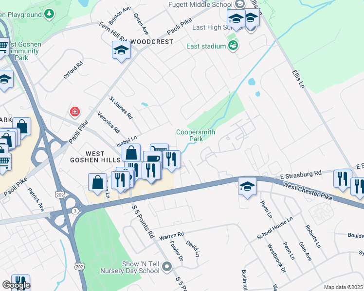 map of restaurants, bars, coffee shops, grocery stores, and more near 220 Spring Lane in West Chester