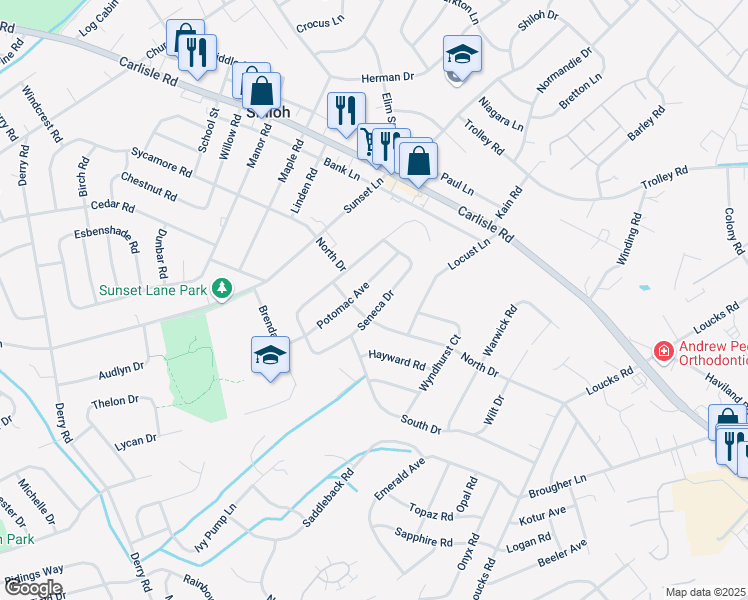 map of restaurants, bars, coffee shops, grocery stores, and more near 2381 Seneca Drive in York