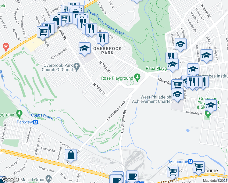 map of restaurants, bars, coffee shops, grocery stores, and more near 7542 Brockton Road in Philadelphia