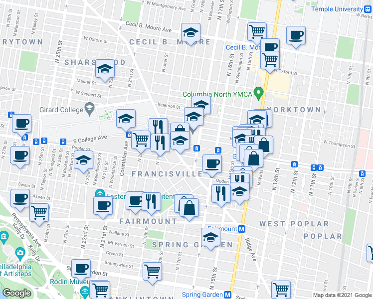 map of restaurants, bars, coffee shops, grocery stores, and more near 1722 West Girard Avenue in Philadelphia