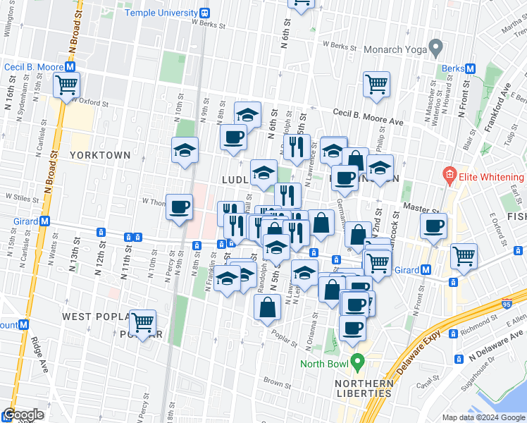 map of restaurants, bars, coffee shops, grocery stores, and more near 1315 North 6th Street in Philadelphia