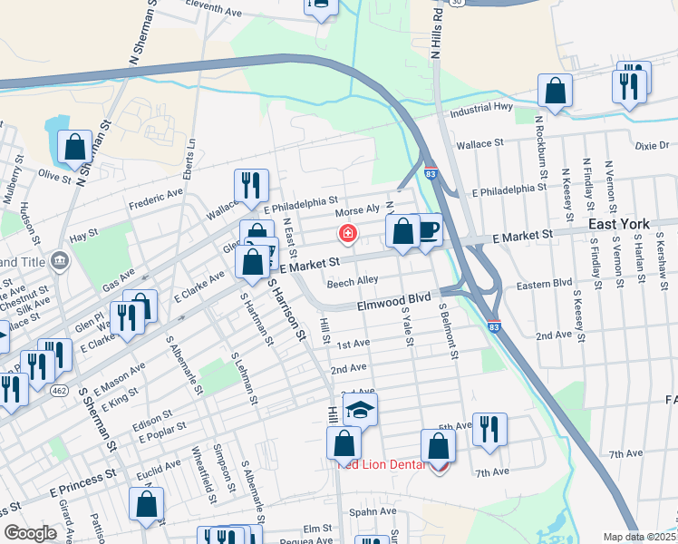 map of restaurants, bars, coffee shops, grocery stores, and more near 1414 East Market Street in York