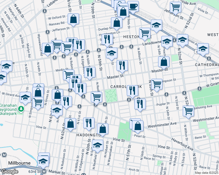 map of restaurants, bars, coffee shops, grocery stores, and more near 5825 West Thompson Street in Philadelphia
