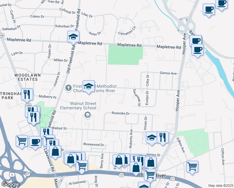map of restaurants, bars, coffee shops, grocery stores, and more near 171 Pin Oak Court in Toms River