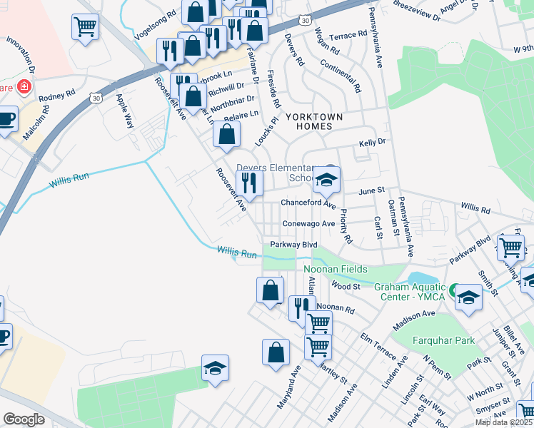 map of restaurants, bars, coffee shops, grocery stores, and more near 759 Fahs Street in York