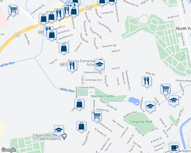 map of restaurants, bars, coffee shops, grocery stores, and more near 761 Atlantic Avenue in York
