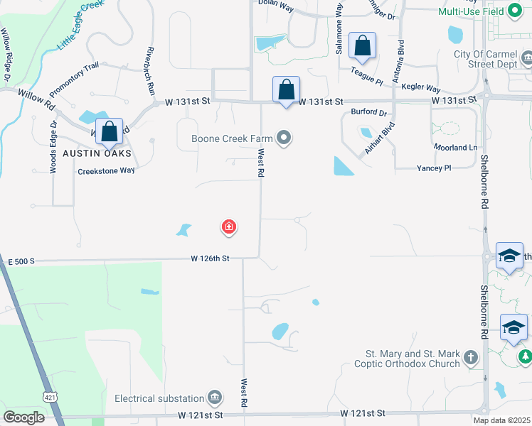 map of restaurants, bars, coffee shops, grocery stores, and more near 12801 West Road in Zionsville