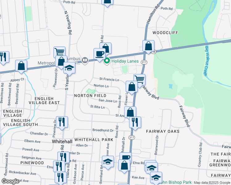 map of restaurants, bars, coffee shops, grocery stores, and more near 4604 Saint Anthony Lane in Columbus