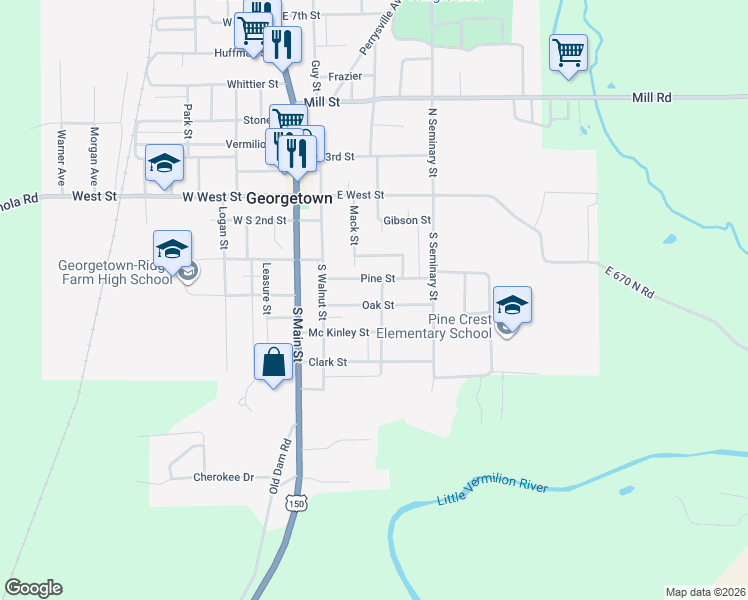 map of restaurants, bars, coffee shops, grocery stores, and more near 219 Oak Street in Georgetown