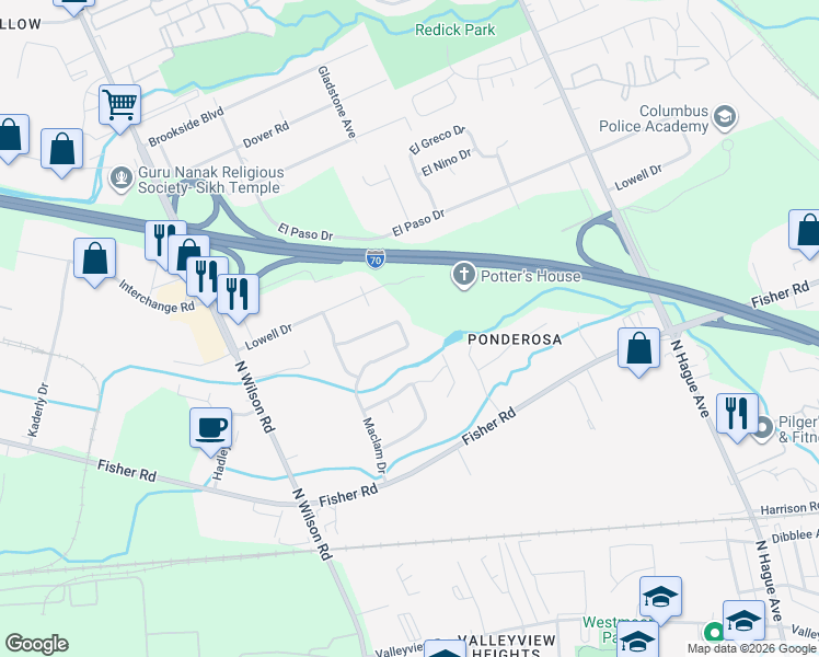 map of restaurants, bars, coffee shops, grocery stores, and more near 3332 Timber Oak Drive in Columbus