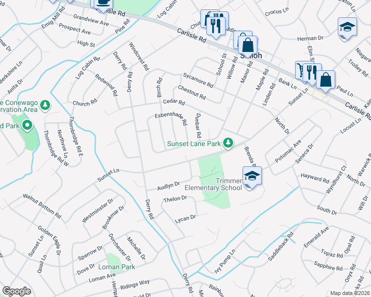 map of restaurants, bars, coffee shops, grocery stores, and more near 2504 Manor Road in York