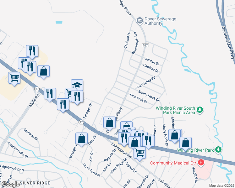 map of restaurants, bars, coffee shops, grocery stores, and more near 30 Winding River Drive in Toms River