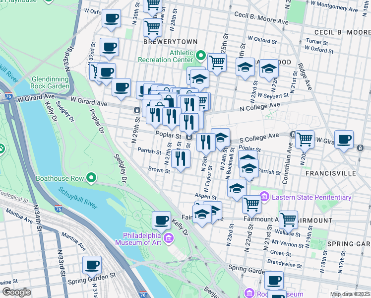 map of restaurants, bars, coffee shops, grocery stores, and more near 860 North 26th Street in Philadelphia
