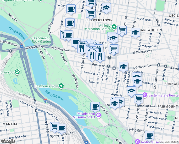 map of restaurants, bars, coffee shops, grocery stores, and more near 2803 Parrish Street in Philadelphia