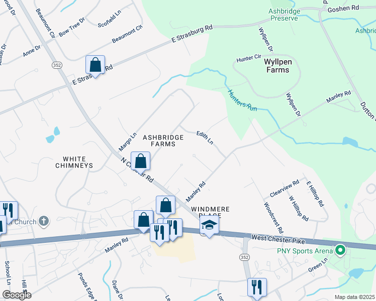map of restaurants, bars, coffee shops, grocery stores, and more near 207 Hilloch Drive in West Chester