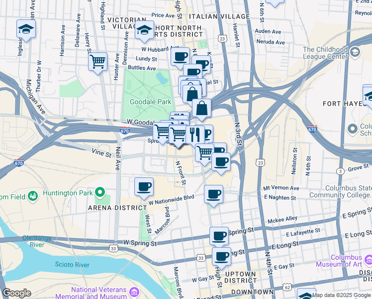 map of restaurants, bars, coffee shops, grocery stores, and more near 59 Spruce Street in Columbus